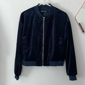 Navy Velvet Bomber Jacket Cropped